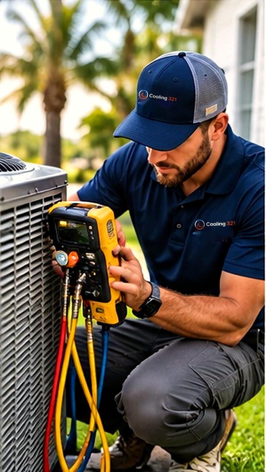 An HVAC technician checking system readings (stock photo)